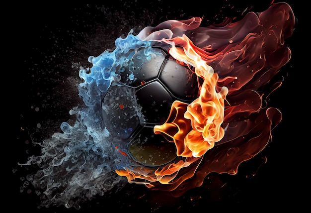 Foto fußball in feuer und wasser illustration des von elementen umhüllten fußballs auf schwarzem hintergrund generieren sie ai