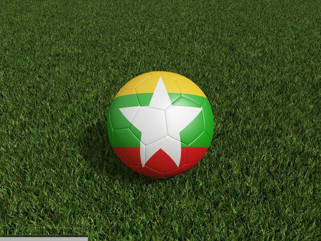 Fußball in Myanmar Flagge auf grünem Gras 3D-Rendering