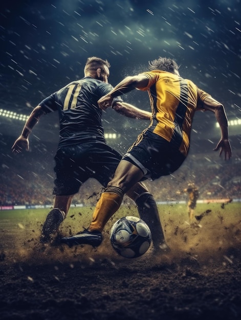 Fußball-Männer spielen Fußball, dramatische Szene, kämpfen dribbelnde Fußballschuhe. Fußball