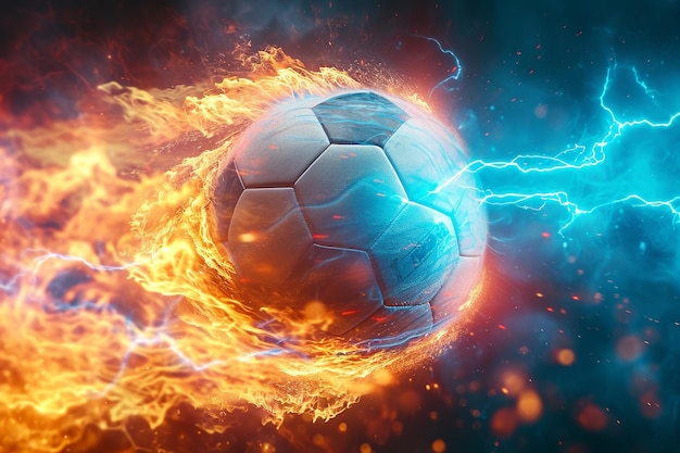 Fußball mit Flammen und Blitz, der wie ein Komet auf dem blauen und orangefarbenen Hintergrund des Nachthimmels fliegt