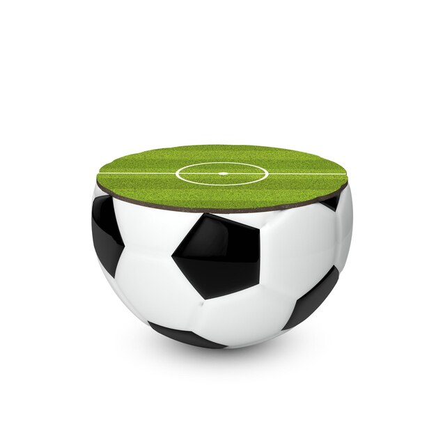 Foto fußball mit grünem spielfeld 3d-rendering