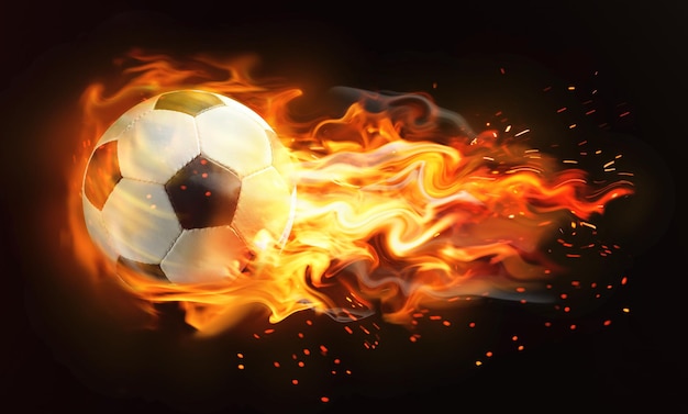 Foto fußball mit heller flamme, die auf schwarzem hintergrund fliegt