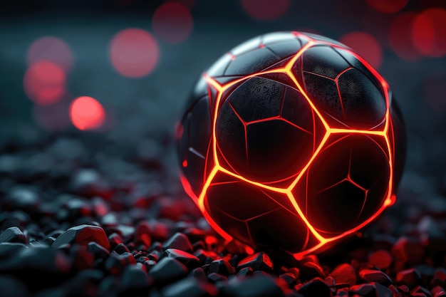 Foto fußball mit neonlichtern auf dunklem hintergrund nahaufnahme