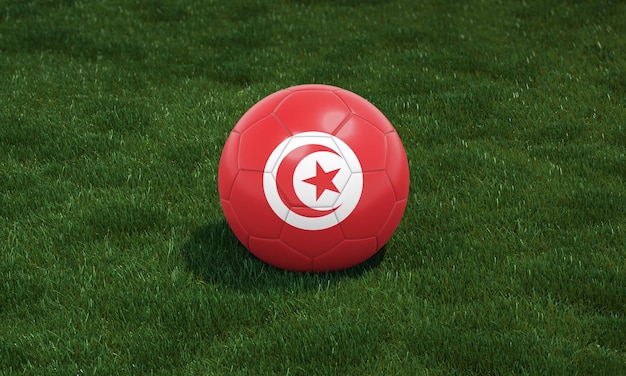 Fußball mit Tunesien-Flaggenfarben in einem Stadion auf grünen Gräsern Hintergrund 3D-Darstellung