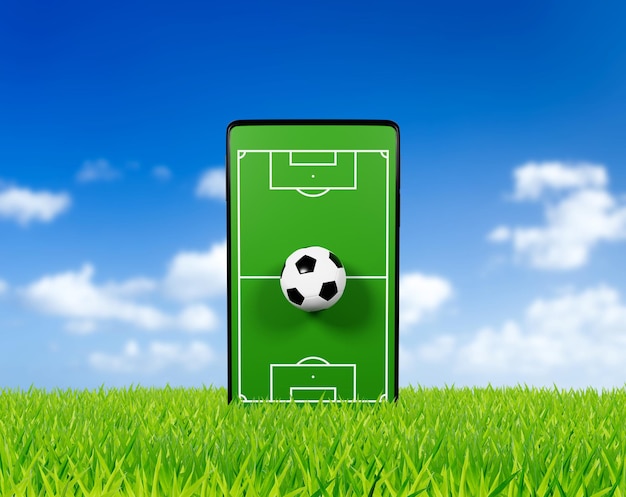 Fußball-Online-Anwendung auf dem Smartphone Fußballfelder Bildschirm Handy Fußball Nachrichten Konzept Sportkanal 3D-Rendering