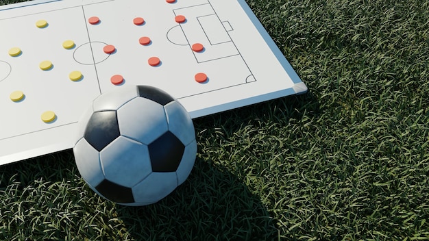 Foto fußball-taktiktafel auf gras mit ball 3d-rendering