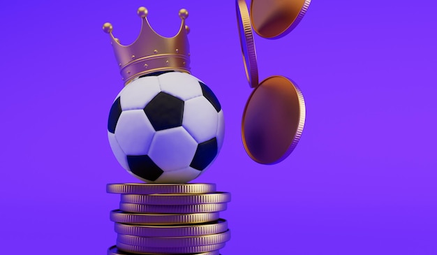 Fußball trägt eine Krone mit einem Stapel Münzen Sportwetten und Finanzen 3D-Rendering