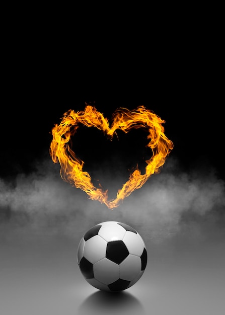 Fußball und Herzflamme erhitzen schwarzen Rauchhintergrund