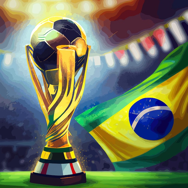 Foto fußball-wm-trophäe mit der flagge brasiliens