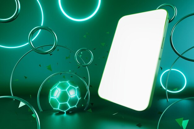 Fußballbälle 3D-Objekt Sportballdesign und weißer Bildschirm des Smartphones
