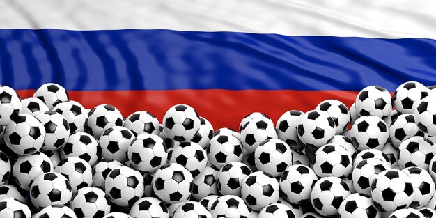 Fußballbälle häufen sich auf winken Russland Flagge Hintergrund 3D-Darstellung