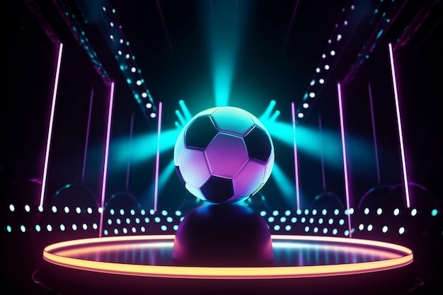 Fußballball auf einer Showbühne mit generativer Neonlicht-KI