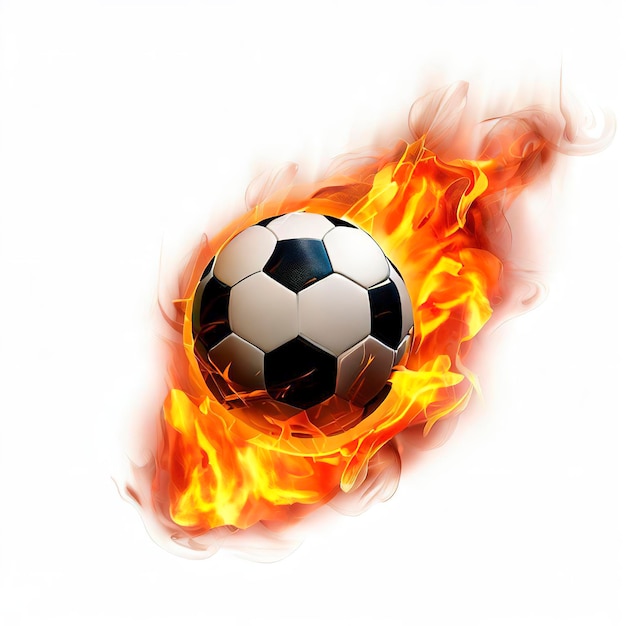 Foto fußballball fliegt in flammen realistisch auf weißem hintergrund
