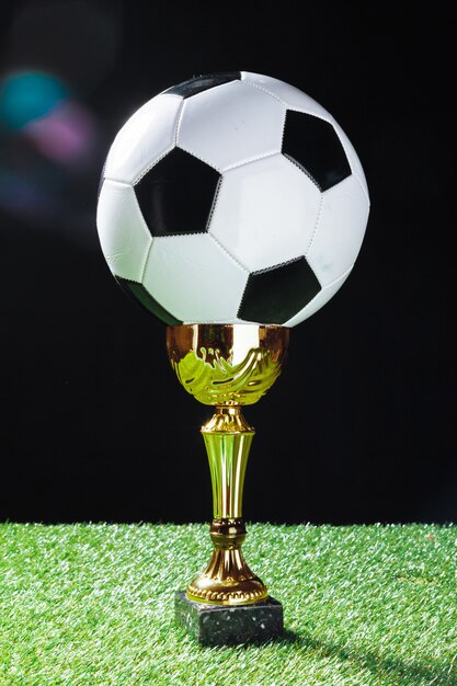 Foto fußballcup mit fußballkugel auf gras