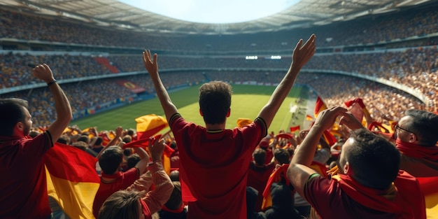 Fußballfans machen eine Armgest in einem Stadion für ein Sportereignis.