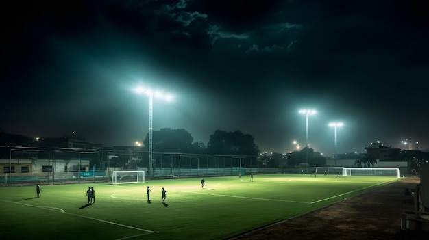 Fußballfeld in der Nacht mit Lichtern und Spielern im Hintergrund