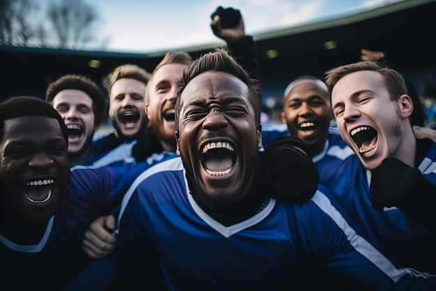 Fußballmannschaft feiert ein Tor während eines Spiels. Generative KI