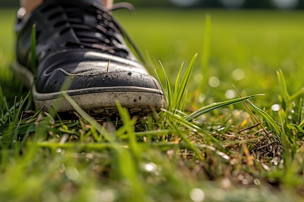 Fußballschuhe auf frischem Rasen Nahaufnahme von grasbewachsenen Fußballschuhen, die vor dem frischen grünen Hintergrund des Fußballfeldes hervorgehen