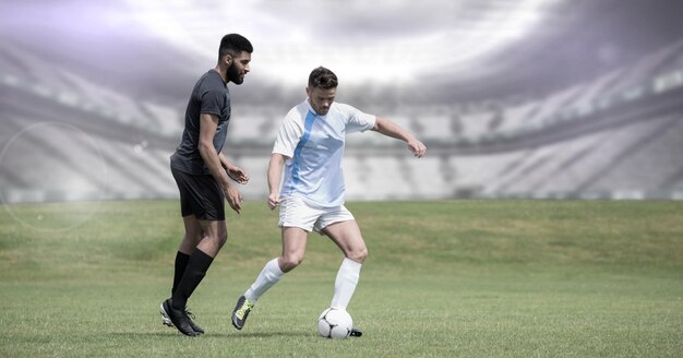 Fußballspieler auf Gras mit Stadion und Fußball