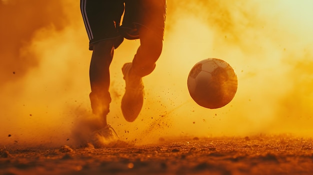 Foto fußballspieler, der auf dem spielfeld einen fußball tritt