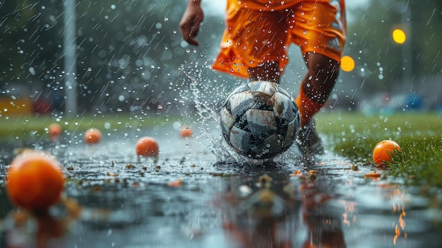 Fußballspieler tritt den Fußball im Regen