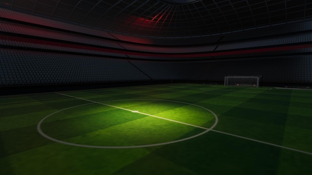 Fußballstadion bei Nacht. Ein imaginäres Stadion wird modelliert und gerendert, 3D-Darstellung