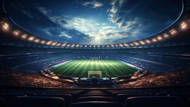 Fußballstadion Grasfeld und Spielplatz über Sonnenuntergang mit bewölkter Himmelsansicht aus der leeren Fans Lounge