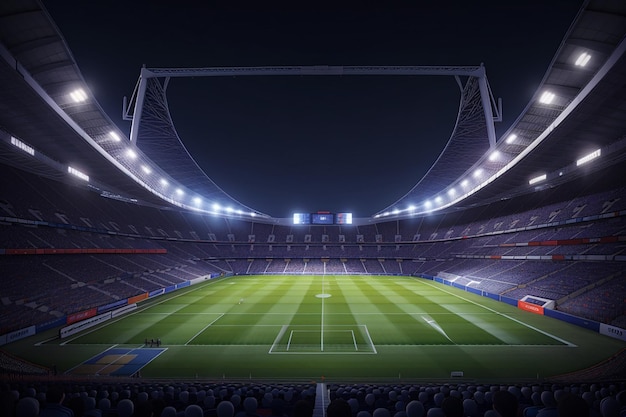 Fußballstadion in der Nacht Top-View eines Fußballstadions in der Nacht mit den Lichtern auf 3D-Rendering
