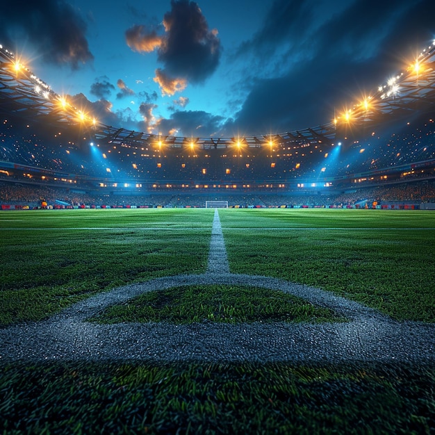 Fußballstadion mit grünem Feld und Lichtern