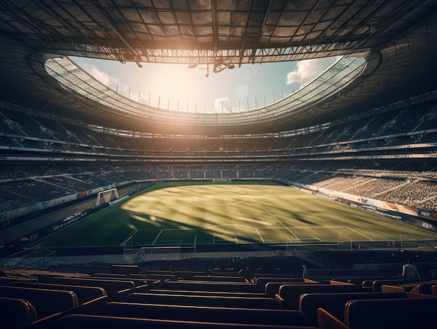 Fußballstadion mit hellen Lichtern und Sitzplätzen, erstellt mit generativer KI-Technologie