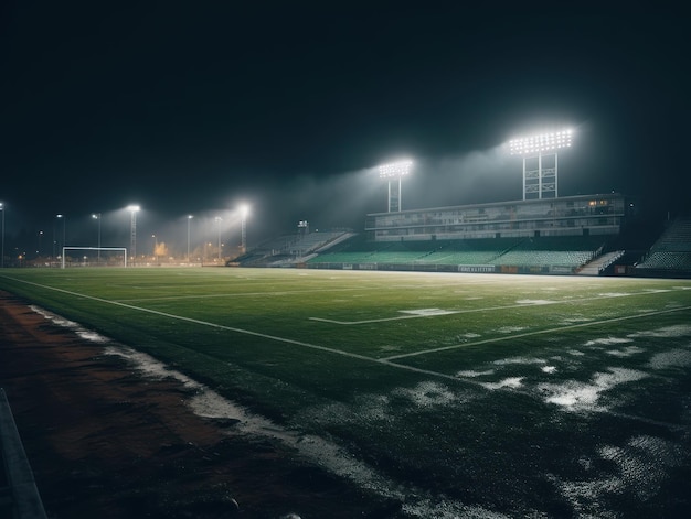 Fußballstadion mit hellen Lichtern und Sitzplätzen, erstellt mit generativer KI-Technologie