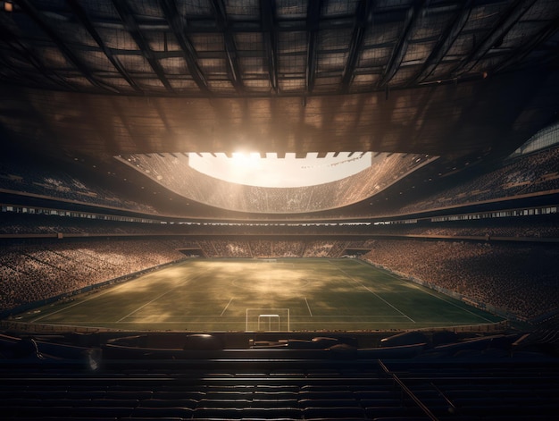Fußballstadion mit hellen Lichtern und Sitzplätzen, erstellt mit generativer KI-Technologie