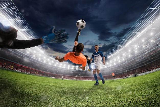 Fußballszene mit konkurrierenden Fußballspielern im Stadion. 3D-Rendering