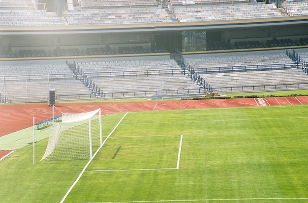 Fußballtor mit grünem Gras im Stadion