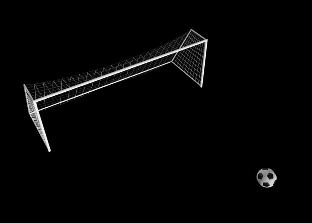 Fußballtor und Fußball isoliert auf schwarzem Hintergrund 3D-Render