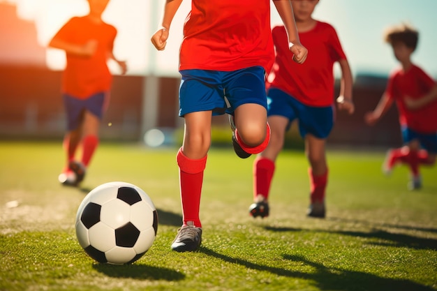 Fußballtraining für Kinder Kinder treten einen klassischen Fußball in einer Slalom-Übung