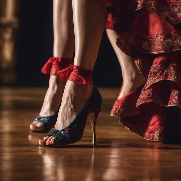 Fußdetails einer Flamenco-Tänzerin in einem wunderschönen Kleid