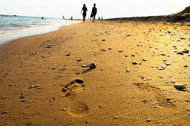 Fußspuren im Sand nahe dem Meer.