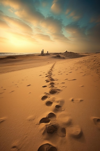 Fußstapfen im Sand, die zum Horizont führen, der mit generativer Ai geschaffen wurde
