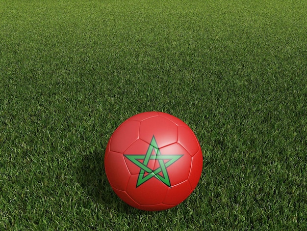 Fútbol en la bandera de Marruecos sobre hierba verde renderizado 3d