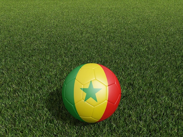 Fútbol en bandera de Senegal sobre hierba verde renderizado 3d