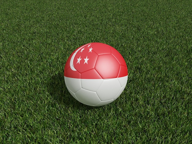 Foto fútbol en la bandera de singapur en la representación 3d de hierba verde