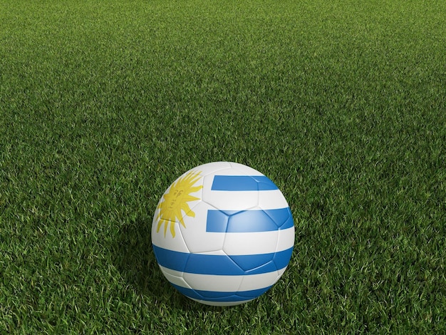 Fútbol en bandera de Uruguay sobre hierba verde renderizado 3d