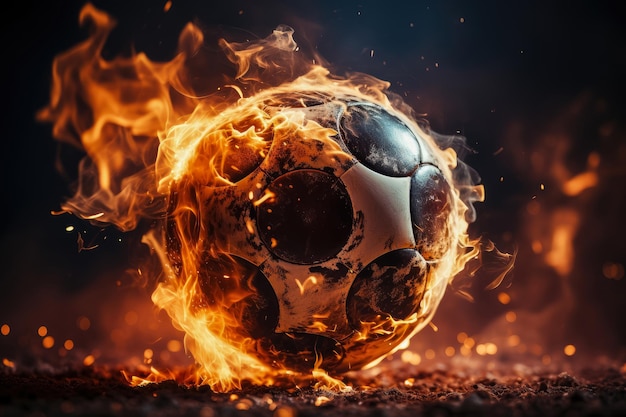 Fútbol caliente en llamas símbolo de llama en el fondo negro pelota de fútbol ardiente volando en un estadio
