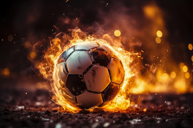 Fútbol caliente en llamas símbolo de llama en el fondo negro pelota de fútbol ardiente volando en un estadio