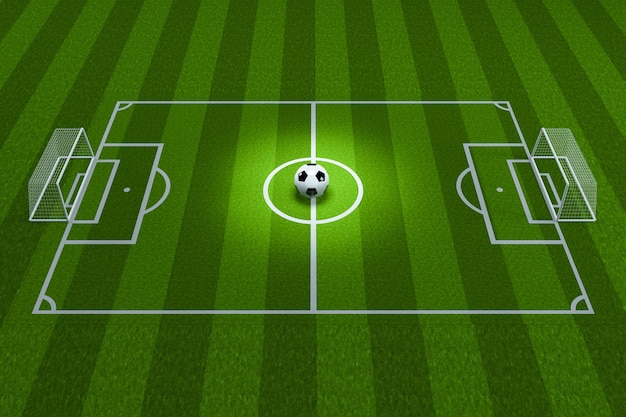 El fútbol en el campo de fútbol con representación 3d iluminada con luz superior