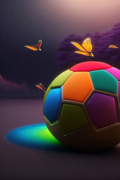 Un fútbol colorido con una foto de mariposas