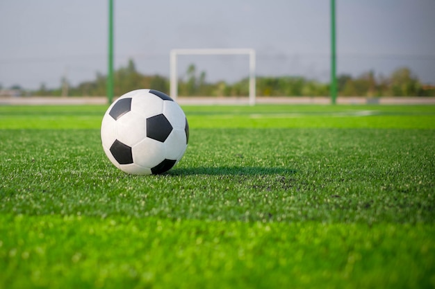 Fútbol de fútbol en campo de césped verde y portería.