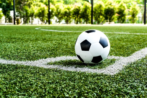 Fútbol Fútbol en la línea de patada de la esquina de la pelota y un campo de fútbol