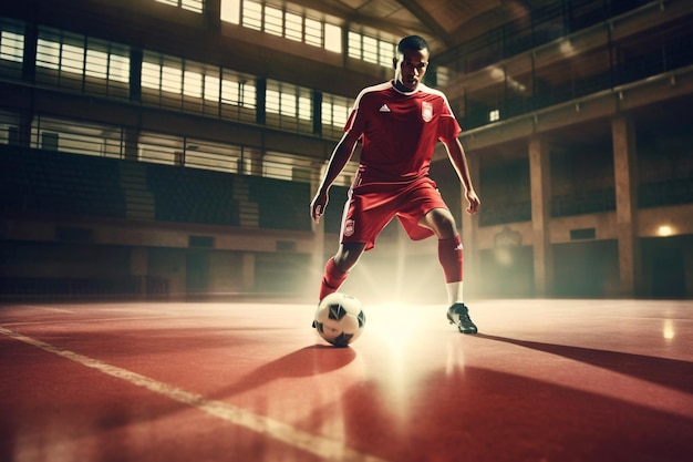 Fútbol Futsal Pelota y hombre Jugador de equipo Fútbol sala Pabellón deportivo Calidad publicitaria Generativa Ai